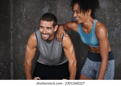 Fitness, happy and couple rest in city after workout, body builder training and exercise outdoors. Sports, relationship and man and woman laughing after running for endurance, wellness and health - Powered by Shutterstock