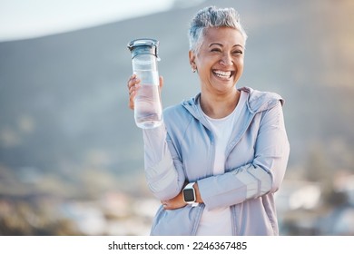 Fitness, happy or old woman with water bottle in nature to start training, exercise or hiking workout in New Zealand. Portrait, liquid or healthy senior person smiles with pride, goals or motivation - Powered by Shutterstock