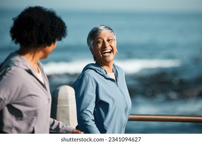 Fitness, happy and senior women by ocean for healthy body, wellness and cardio wellbeing on promenade. Sports, friends and female people walking on boardwalk for exercise, training and workout - Powered by Shutterstock