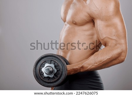 Fitness, health and dumbbell with arm of man and mockup for weightlifting, exercise and stamina endurance. Workout, strong and muscle with bodybuilder model and weights for gym, power and sports