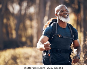 Fitness, hiking and smile with black man in forest for freedom, health and sports training. Exercise, peace and wellness with senior hiker trekking in nature for travel, summer break and adventure - Powered by Shutterstock