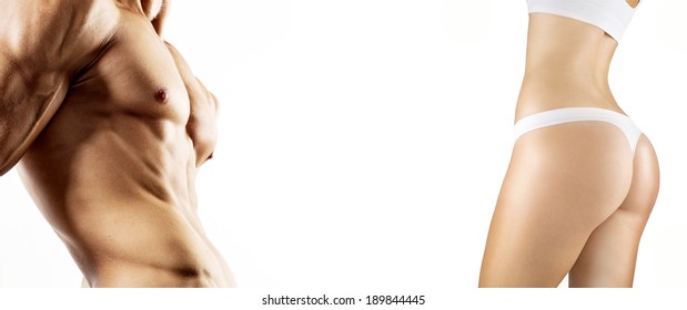 Fitness image of a man and woman's torso isolated on a white background