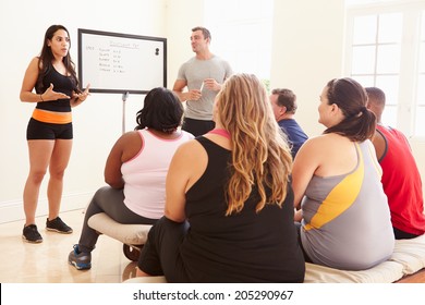 Fitness Instructor Addressing Overweight People At Diet Club