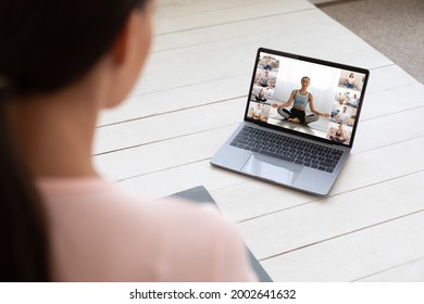 Fitness Instructor Teaching Yoga Online To Group Of Young People, Fit Man And Woman Practicing Meditation Wia Video Conference With Coach, Enjoying Remote Trainings And Domestic Workouts, Collage