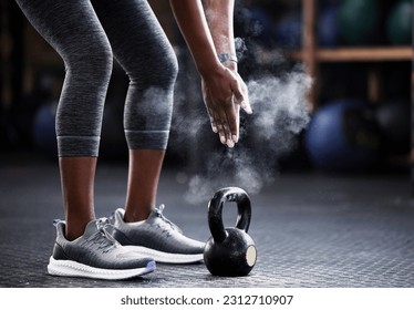 Fitness, kettlebell or hands of woman with powder to start training, workout or exercise for grip strength. Body builder, floor or healthy athlete with chalk dust at gym ready for lifting weights - Powered by Shutterstock