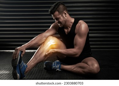 Fitness, knee pain and injury with man in gym for inflammation, muscle and x ray. Medical, workout and accident with male bodybuilder and hurt leg for exercise, emergency and sports problem - Shutterstock ID 2303880703