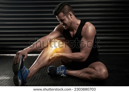 Fitness, knee pain and injury with man in gym for inflammation, muscle and x ray. Medical, workout and accident with male bodybuilder and hurt leg for exercise, emergency and sports problem