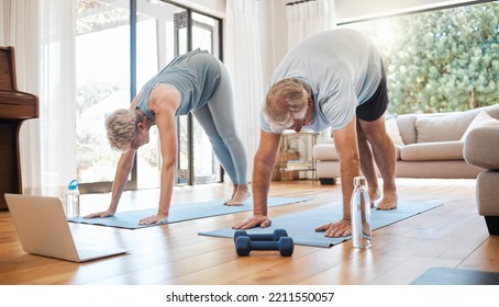 Fitness, Laptop And Retirement With Couple In Living Room In Virtual Class For Health, Yoga Or Exercise. Internet, Workout And Pilates With Old Man And Elderly Woman Training In Home Gym For Wellness