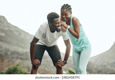 Fitness, laughing and nature with runner couple outdoor in mountains together for cardio training. Exercise, funny or marathon with African man and woman having fun for bonding, love or running - Powered by Shutterstock