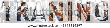 Fitness life. Young sporty woman exercising at gym with an overlay of the word TRAINING. Panoramic banner header. Sport background
