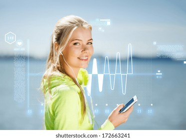 fitness and lifestyle concept - woman doing sports and listening to music outdoors - Powered by Shutterstock