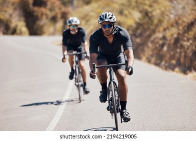 Fitness Man Cycling Bike On Mountain Road For Cardio Exercise, Sports Wellness And Energy Workout In Competition Race. Strong, Motivation And Healthy Professional Athlete In Bicycle Training Gear