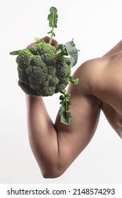 Fitness Man Doing Bicep Curl With Broccoli, Healthy Diet Food Eating