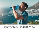 Fitness, man and drinking water outdoor for wellness, body health and nutrition benefits after exercise. Hydration, bottle and thirsty runner in nature with liquid for electrolytes on break or rest