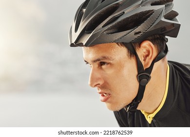 Fitness, man and head of cycling helmet for sports motivation in exercise, workout and training on mockup background. Closeup of tired male sweating from intense cycle tour in healthy cardio sport - Powered by Shutterstock