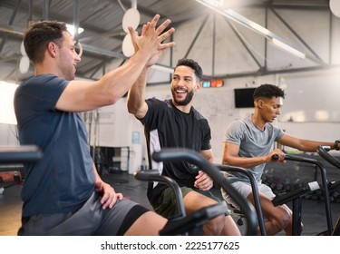 Fitness, man and high five at the gym for exercise, training or cardio workout together indoors. Happy men with smile and hands in celebration for partnership, support or sport motivation in wellness - Powered by Shutterstock