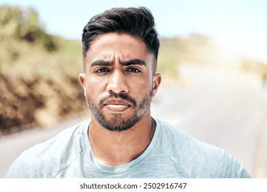 Fitness, man and portrait on nature mockup with confidence, goals and determination for wellness. Male athlete, sport and face on outdoor space for commitment, self care and ready for challenge - Powered by Shutterstock