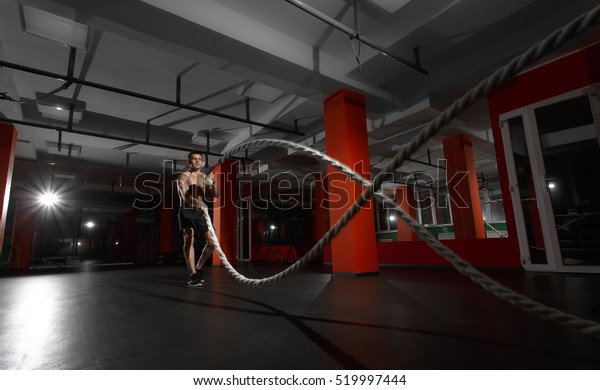 Fitness Man Working Out Battle Ropes Stock Photo Edit Now 519997444