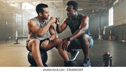 Fitness, men and fist bump in gym with confidence, workout motivation and exercise class. Diversity, friends and wellness portrait of athlete with coach ready for training and sport at a health club - Powered by Shutterstock