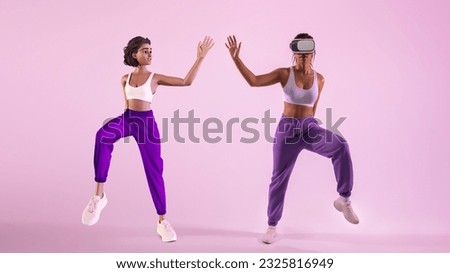 Fitness in metaverse. Sporty young black woman wearing vr glasses playing virtual reality fitness game as 3D avatar, practicing dancing workout, purple studio background, panorama