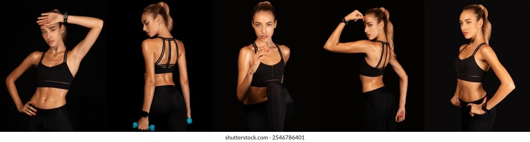 A fitness model demonstrates various workout poses in a studio setting. The black backdrop enhances her athletic attire and emphasizes her toned physique, capturing the essence of strength training. - Powered by Shutterstock