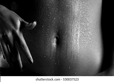 Fitness Model Lady Woman Sweaty Sporty Belly After Heavy Exercise, Weight Loss Black And White Concept