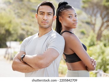 Fitness, Motivation And Couple Standing In Power, Ready To Challenge Endurance With A Cool, Proud Attitude. Health, Training And Mean Personal Trainer Partner Leading In Sport And Healthy Living