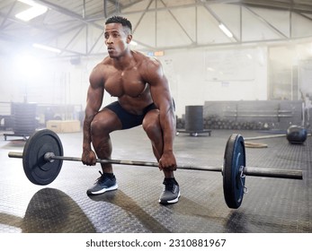 Fitness, muscle and black man with a barbell, training and exercise with strength, wellness and health. Male person, body builder and athlete with gym equipment, strong and workout goal with progress - Powered by Shutterstock