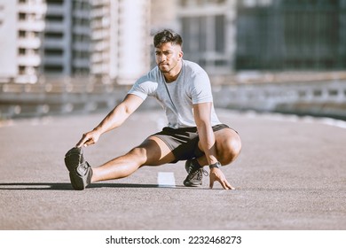 Fitness muscles stretching in city street, young man daily jogging and morning workout training. Physical warmup activity, healthy wellness coaching, sports practice and running for cardio exercise.