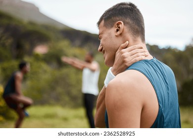 Fitness, nature or athlete with neck pain in exercise, body training injury or outdoor workout. Sports man, stress or hurt personal trainer with anxiety, accident or muscle problem emergency in park - Powered by Shutterstock
