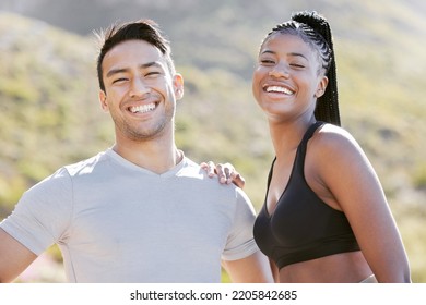 Fitness, nature and couple happy to workout in outdoor adventure trail. Sports, exercise and man and black woman train in sun together. Wellness, health and runner and personal trainer smile in park. - Shutterstock ID 2205842685