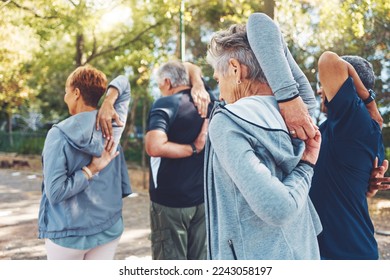 Fitness, nature and senior people doing stretching exercise before cardio training in a park. Health, wellness and active group of elderly friends in retirement doing arm warm up for outdoor workout. - Powered by Shutterstock