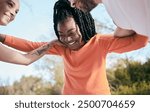 Fitness, park and people huddle in circle for training, exercise and running workout. Sports, friends and happy men and women for wellness, health and cardio outdoors for teamwork, goals and support