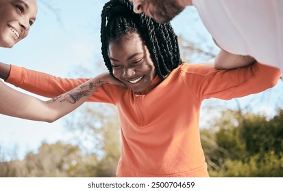 Fitness, park and people huddle in circle for training, exercise and running workout. Sports, friends and happy men and women for wellness, health and cardio outdoors for teamwork, goals and support - Powered by Shutterstock