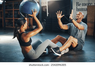 Fitness, partner and people exercise with medicine ball, sit ups and throw to personal trainer. Smile, training and equipment for core strength, body health or help to workout abdominal muscle in gym - Powered by Shutterstock