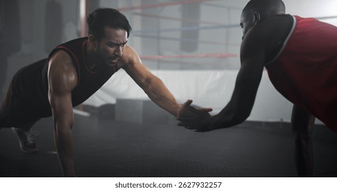 Fitness, people or exercise pushup at gym for boxing workout, strength training or endurance challenge. Sports, coach or boxer with teamwork for core stability, match preparation or support with clap