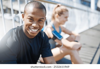 Fitness, people and portrait with resting in city for morning jog, marathon training and happy with cardio exercise. Runner, athlete and relax on bridge for competition workout, exhausted and break - Powered by Shutterstock