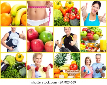 Fitness people. Weight loss and diet collage background.