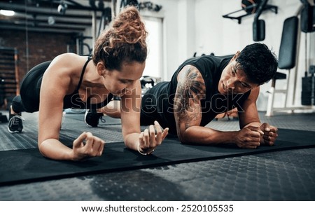 Fitness, personal trainer and people plank for wellness, workout and training in gym. Healthcare, warm up and friends with exercise, male coach and body performance routine for core muscle goals