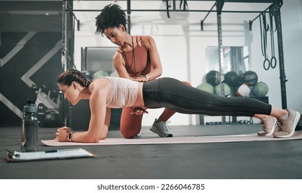 Fitness, plank or personal trainer at gym with woman for training, exercise or workout at health club. Women, focus or healthy sports athlete exercising with coach for progress, support or motivation - Powered by Shutterstock