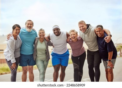 Fitness, portrait and group of friends in city ready for training, workout or exercise. Face, sports and teamwork of senior people together with coach outdoors preparing for exercising, jog or cardio - Powered by Shutterstock