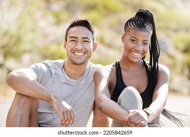 Fitness, Portrait And Happy And Diverse Couple Bonding After Morning Run, Relax And Rest While Sitting Outside. Smiling Woman Enjoying A Healthy Lifestyle With Asian Boyfriend, Cheerful And Carefree