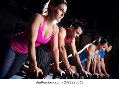 Fitness, push up and group of people with kettlebell, support and commitment to body workout. Bodybuilder, men and women together in exercise class with dumbbells, power training and teamwork in gym - Powered by Shutterstock