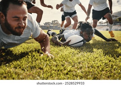 Fitness, rugby and scoring with team of people outdoor on field together for competition or challenge. Exercise, sports and training with player group on grass for goal, points or try in game - Powered by Shutterstock