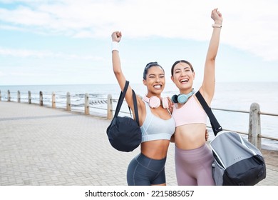 Fitness, Runner Friends Portrait For Success At Beach Sidewalk With Victory Hand In Los Angeles. Running, Training And Workout Goal Achievement With Happy And Proud Women Celebrating Progress.
