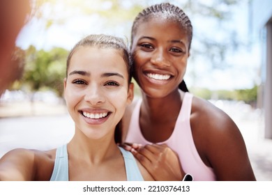 Fitness, Selfie And Friends In Park Bokeh Portrait For Outdoor Workout Exercise Together. Happy Diversity Influencer Couple Or Personal Trainer People Taking Photo For Wellness Social Media Update