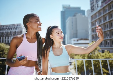 Fitness Selfie, Urban City And Women Friends Or Influencer For Outdoor Workout, Motivation And Training. Personal Trainer Or Runner Couple People Taking Photo Together For Social Media Wellness Post