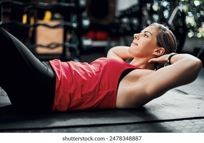 Fitness, sit ups and woman in gym for exercise practice, sport or training healthy body on floor. Core muscle, crunches and strong person workout abs for power, energy or wellness of abdomen at club - Powered by Shutterstock