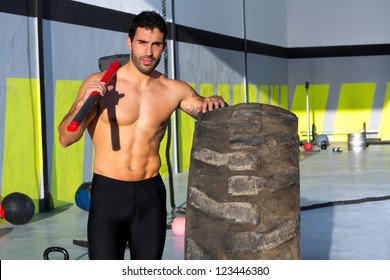 Fitness Sledge Hammer Man Workout At Gym Relaxed After Exercise