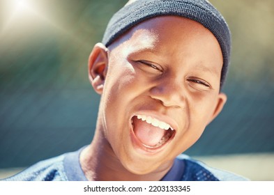 Fitness, A Smile On Face And A Black Child On Basketball Court In Summer. Game, Sport And Happy Healthy Kid Outside On School Sports Ground. Exercise, Wellness And Fun, Boy Playing In The Sun In Park